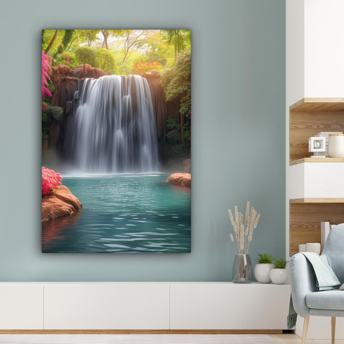 LEINWANDBILD Wasserfall - Natur - Pflanzen - Dschungel - Wasser Deko Groß 90x140 cm - Grün, Textil (90/140cm) - MuchoWow