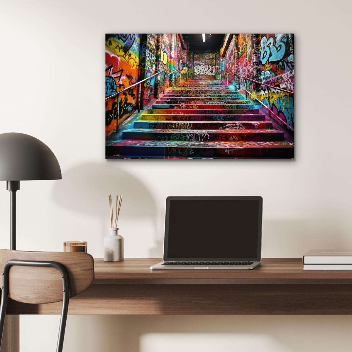 METALLBILD Treppe - Graffiti - Farben - Kunst Wandbild 60x40 cm - Multicolor, Metall (60/40cm) - MuchoWow