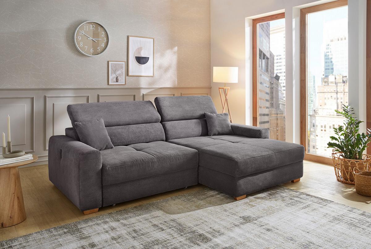 ECKSOFA mit elektrischer Sitztiefenverstellung, Kopflehnen verstellbar, USB-A und USB-C Ladefunktion B277/T187/H109 cm, Cord Dunkelgrau / 15402 - Dunkelgrau/Eichefarben, Eichenholz/Textil (277/187cm) - luma-home