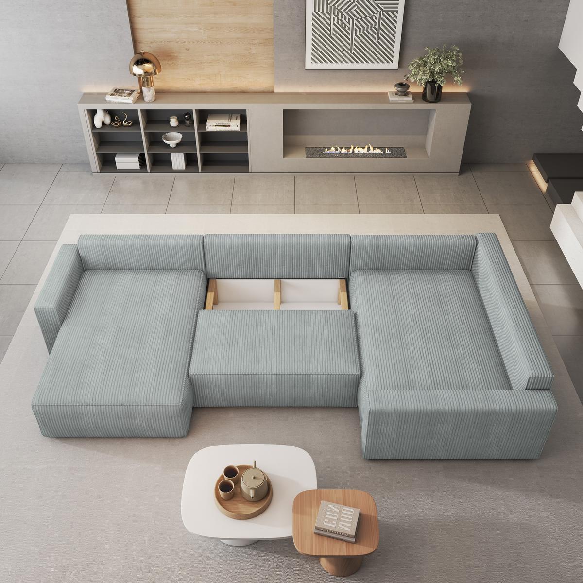 WOHNLANDSCHAFT VELAMI R-S Hellgrau Kordstoff mit Schlaffunktion - Hellgrau, Holz (365/83/194cm) - MASSENO