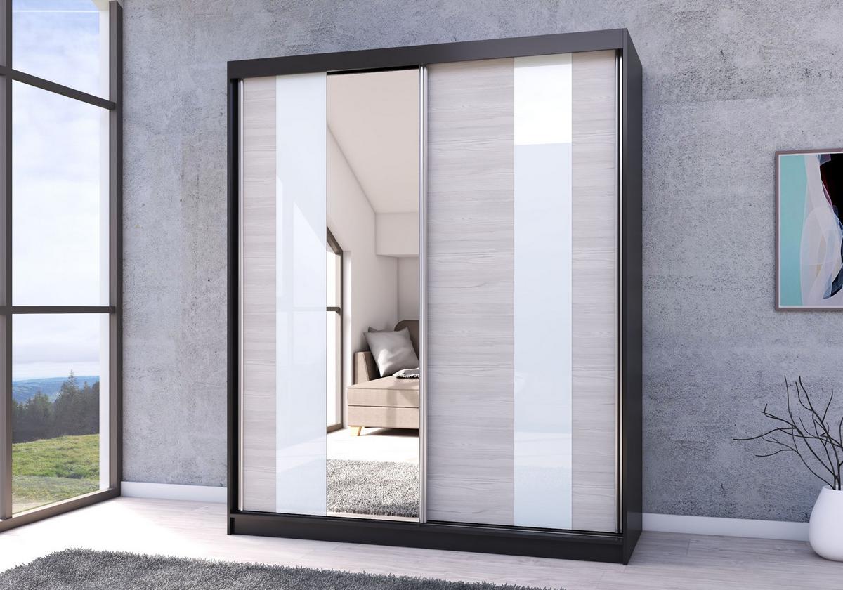 SCHWEBETÜRENSCHRANK Multi 32 Schwarz/Kathult Weiß + Spiegel 233cm - Alufarben/Schwarz, Glas/Holzwerkstoff (233/218/61cm) - imoebel24