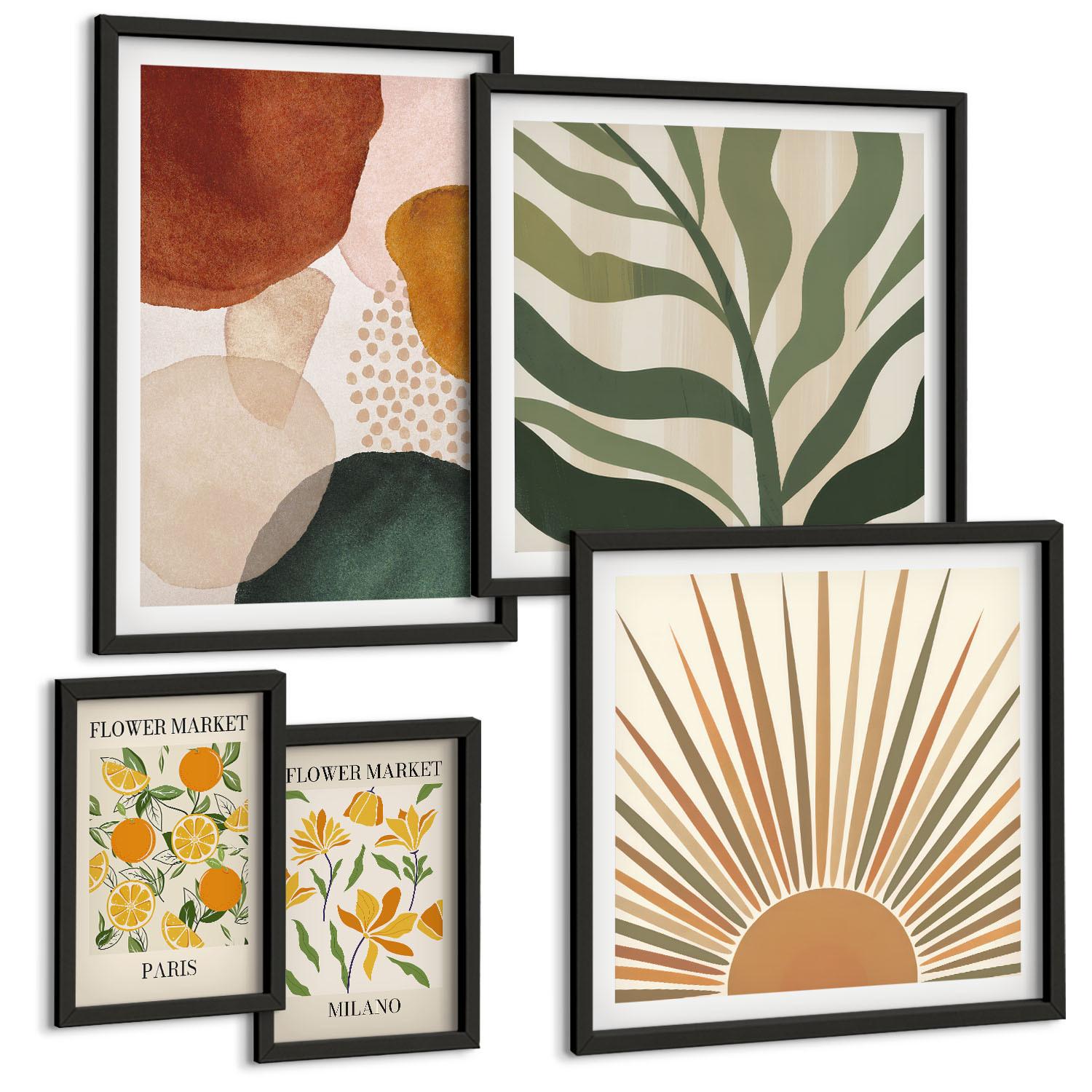 BILDER SET 5er Set - 50x50 cm & 20x30 cm & 40x60 cm Schwarzer Rahmen - Abstrakte Blumenmotive - Schwarz, Kunststoff (40/60cm) - TULUP