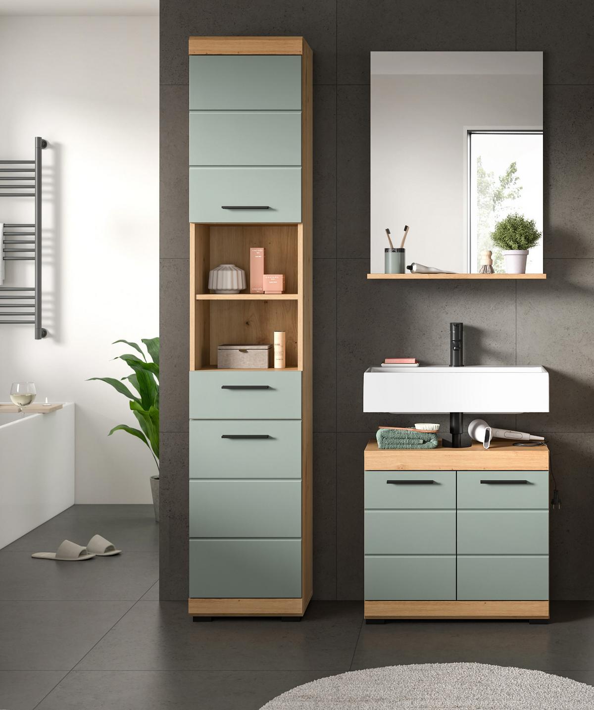 HOCHSCHRANK Salbei grün, Eiche Artisan 37 cm, Badschrank mit 6 Fächern - Salbeigrün/Schwarz, Holzwerkstoff/Kunststoff (37/191/31cm) - Inn.Furn
