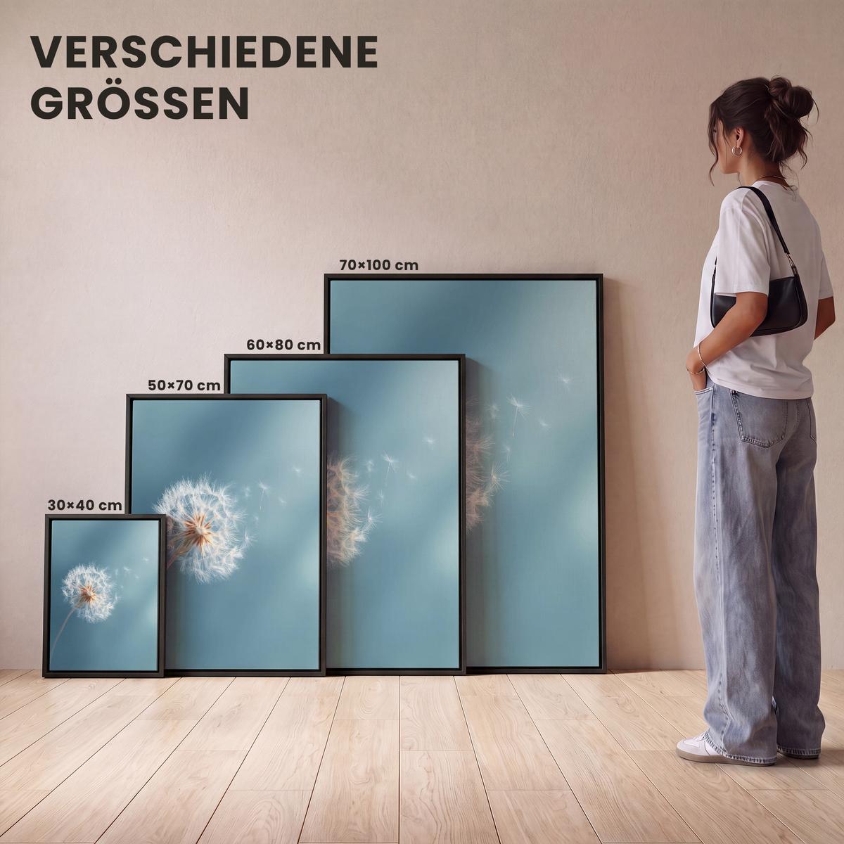 LEINWAND Bilder mit Rahmen - Löwenzahn - Wind - Blau - 70x100 - Blaugrau, Textil (70/100cm) - MuchoWow