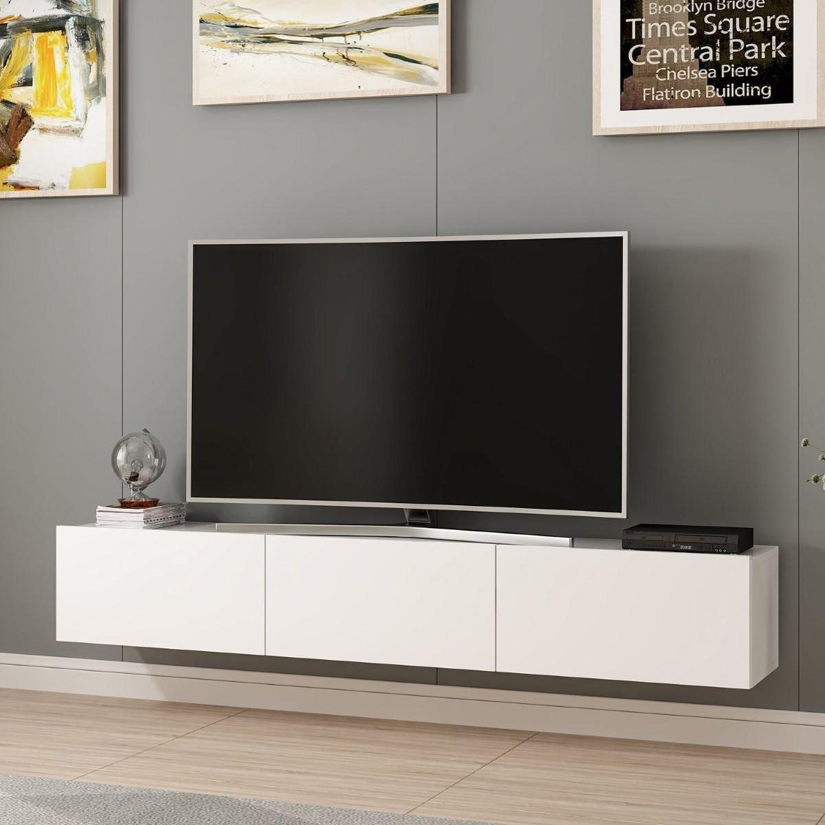 SCHWEBENDER TV-Schrank mit 3 weißen Türen, Länge 180 cm - Rigel - Weiß, Holzwerkstoff (32/30/180cm) - Calicosy