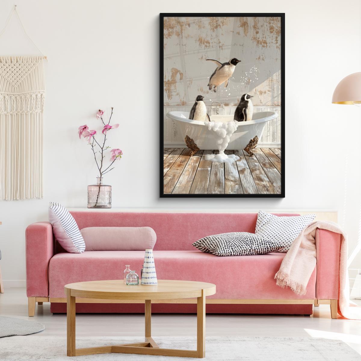 POSTER MIT RAHMEN Vintage - Pinguin - Badewanne - Schaumstoff Bilderleiste 80x120 cm - Schwarz, Papier (80/120cm) - MuchoWow
