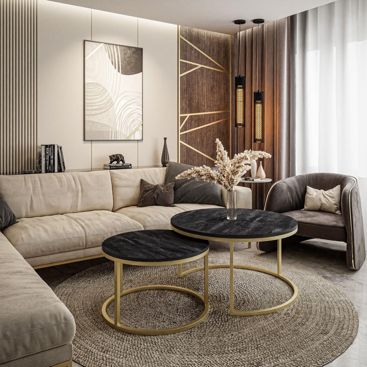 RUNDER Couchtisch 2in1 CIRI gold dunkler Beton 80/60 cm - Goldfarben/Grau, Holzwerkstoff (80/80/48cm) - Lookway