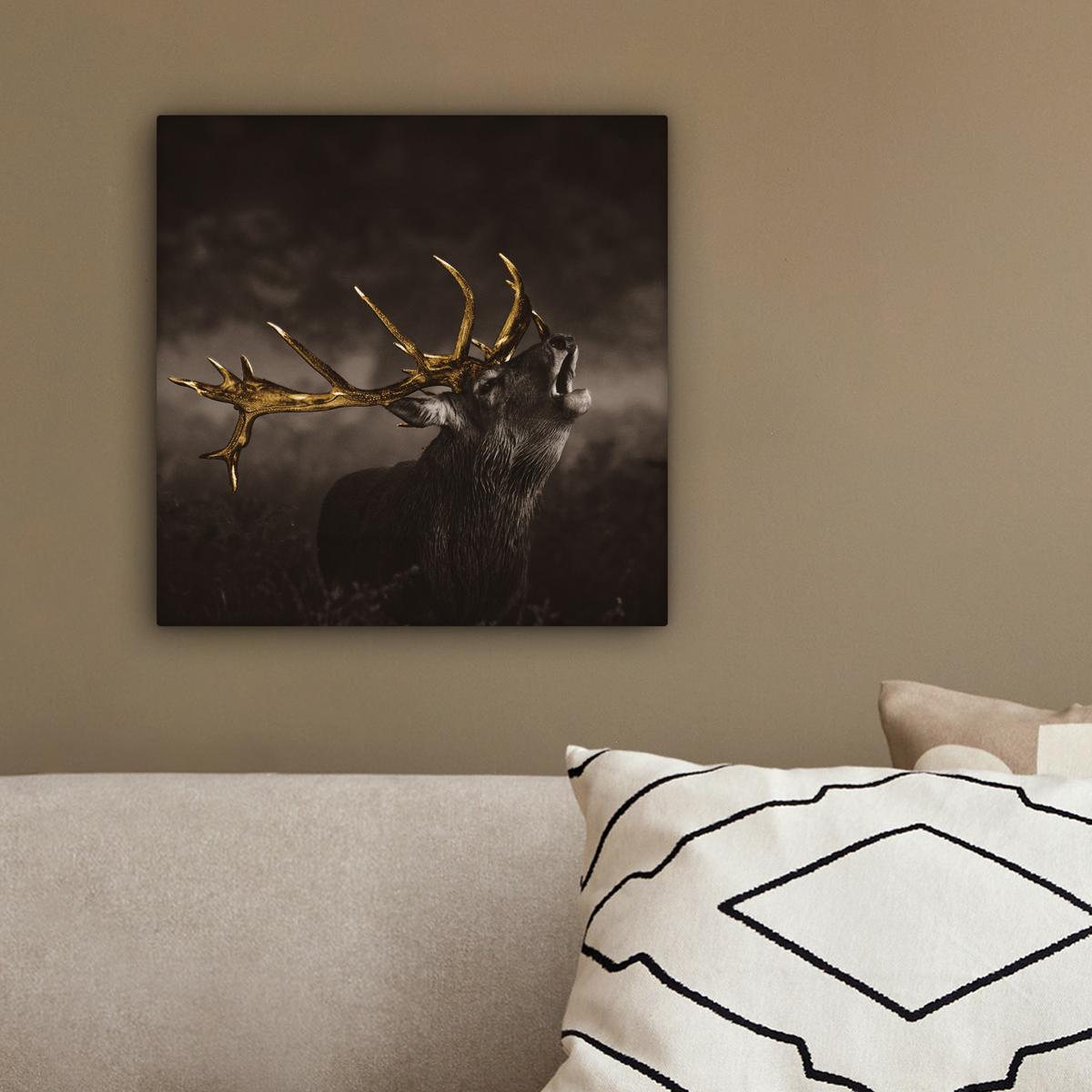 LEINWANDBILD Rotwild - Schwarz - Gold Deko Wohnzimmer 20x20 cm - Braun, Textil (20/20cm) - MuchoWow