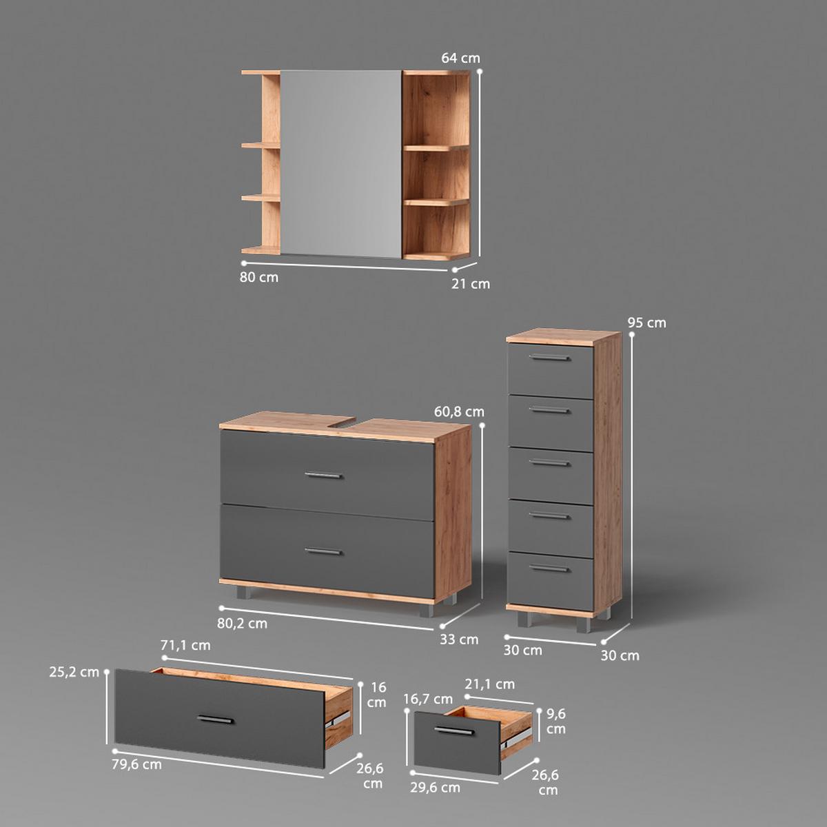 BADMÖBEL-SET Eisak Anthrazit/Goldkraft Eiche 3 Teile, mit Unterschrank 80 cm - Honigeiche/Anthrazit, Holzwerkstoff (80/60/33cm) - Livinity®