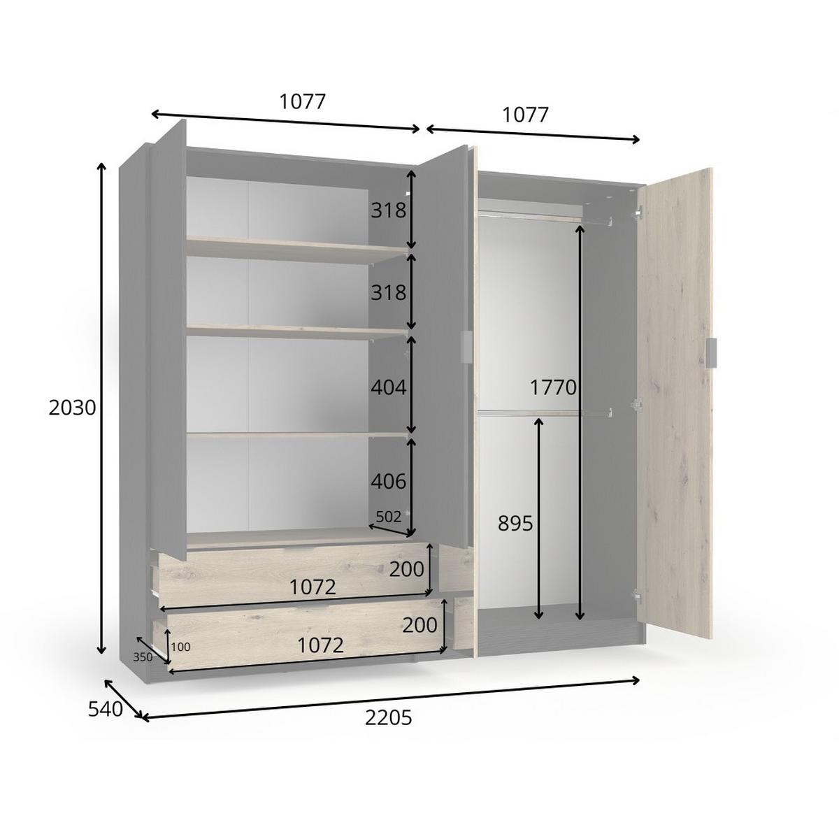 DREHTÜRENSCHRANK ZETRAL 220,2/203/54cm 4-türig mit Spiegel Schwarz - Schwarz/Eiche Artisan, Holzwerkstoff (220.2/203/54cm) - MASSENO