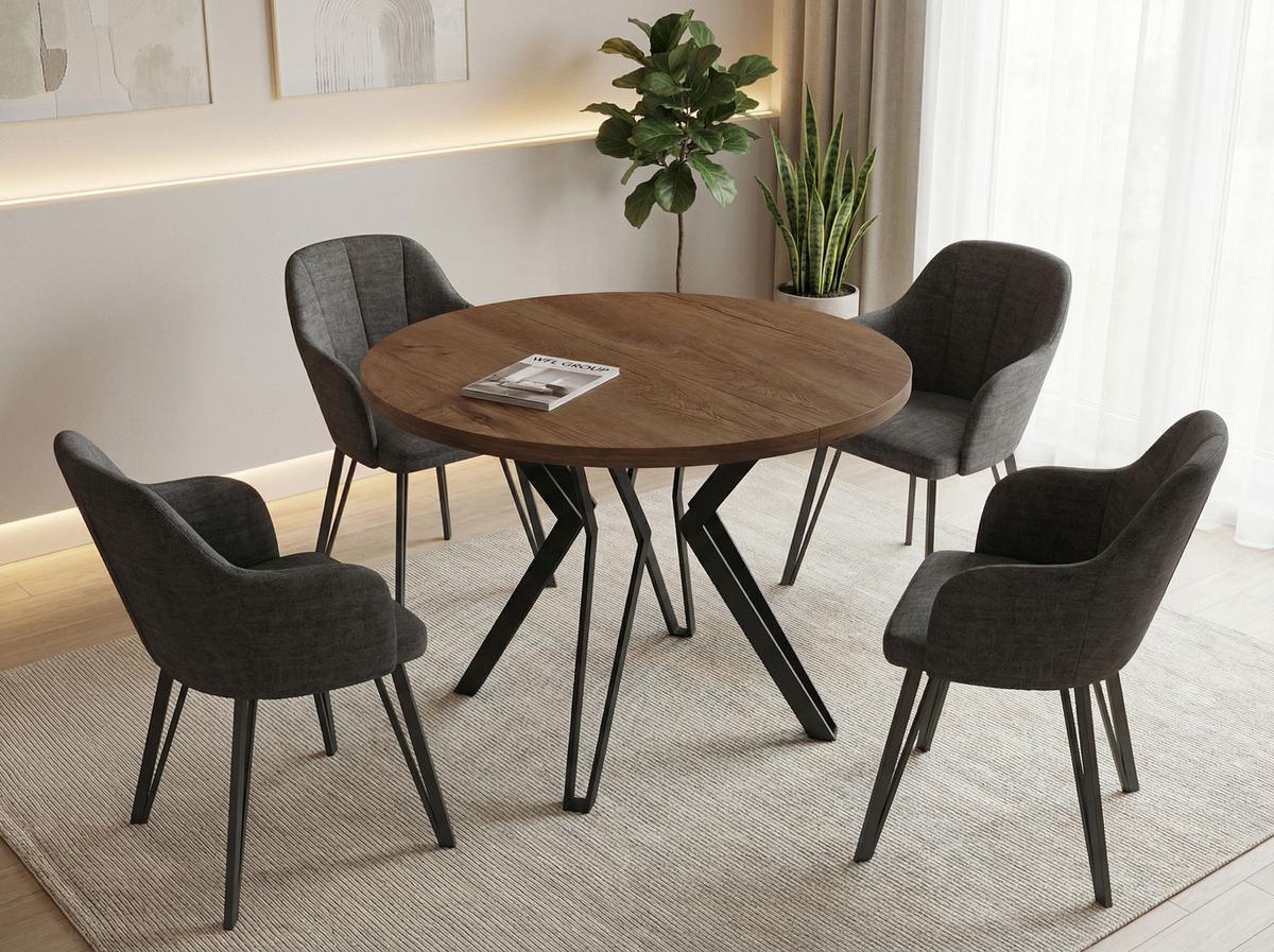 ESSTISCH Revena runder ausziehbarer, Lefkas Eiche 100-180/100/76 cm - Alteiche/Schwarz, Holzwerkstoff/Metall (100/180/76cm) - WFL GROUP