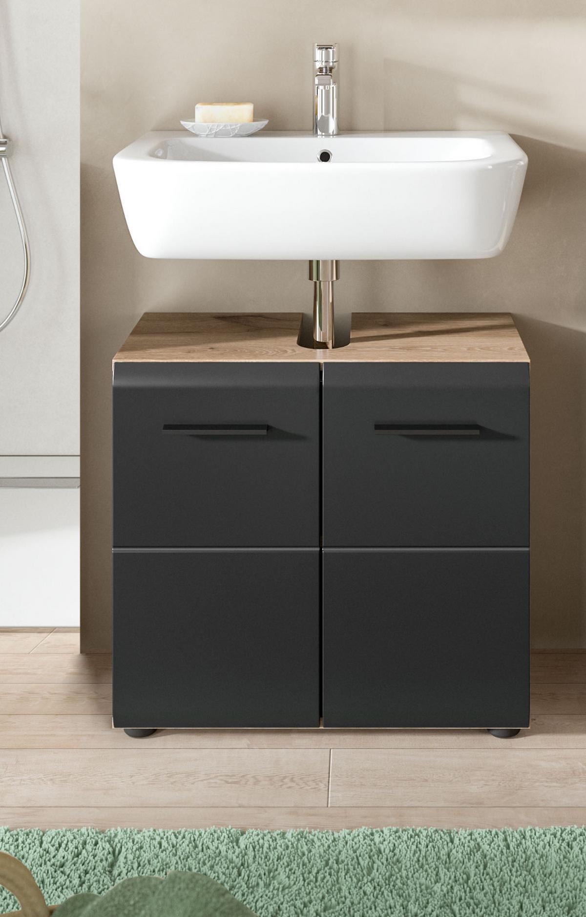 WASCHBECKENUNTERSCHRANK schwarz matt, Eiche Nox, Waschtisch Badschrank 60 cm - Eichefarben/Schwarz, Holzwerkstoff/Kunststoff (60/54/30cm) - Inn.Furn