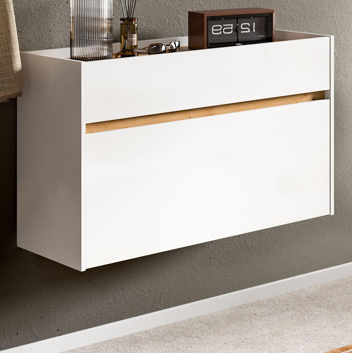 SCHUHKIPPER weiß und Eiche Artisan, Schuhschrank mit Schublade, hängend 110 x 61 cm - Weiß/Eiche Artisan, Holzwerkstoff (110/61/32cm) - Inn.Furn