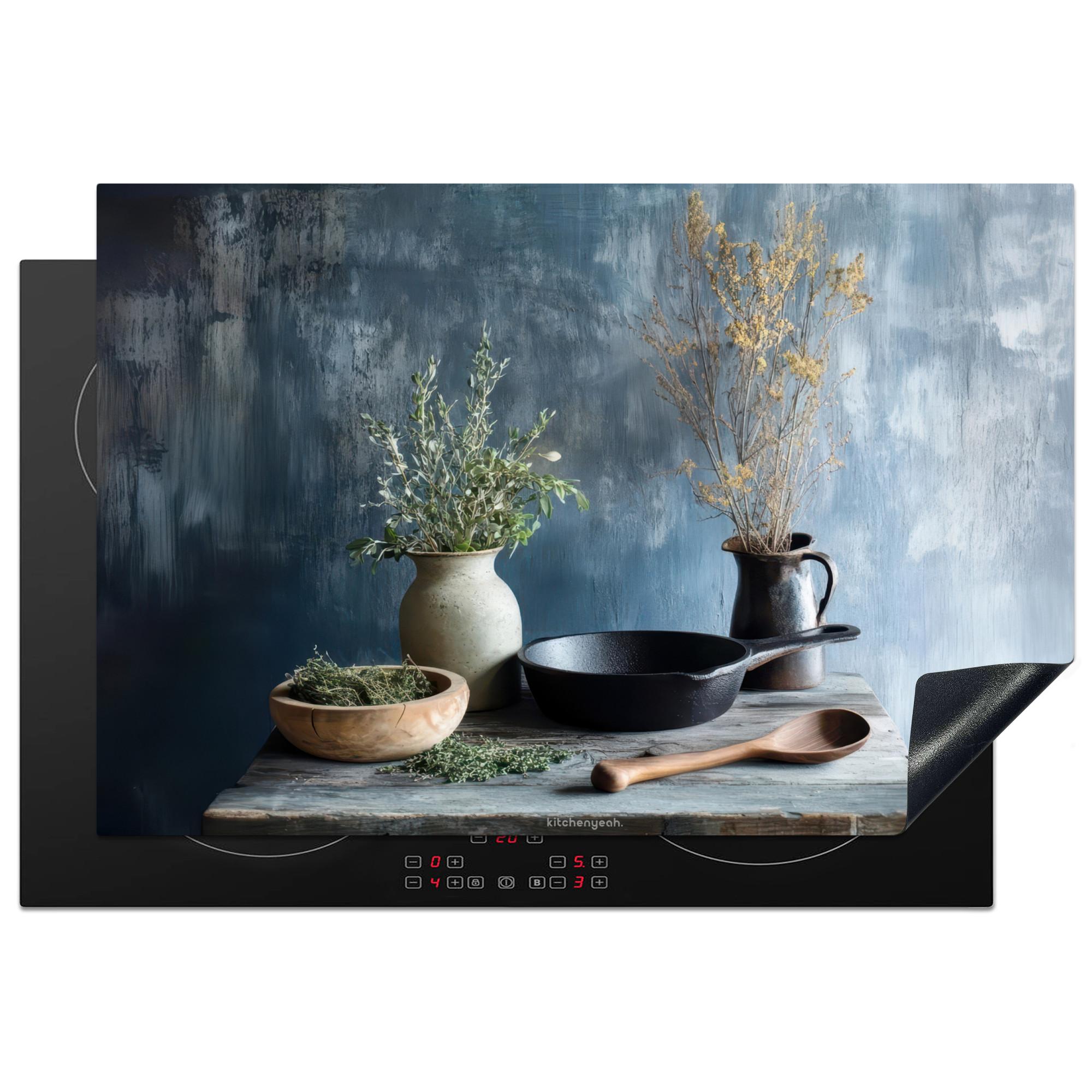 HERDABDECKPLATTE Stilleben - Kräuter - Rustikal Ceranfeldabdeckung 78x52 cm - Blaugrau, Kunststoff (78/52/0.2cm) - MuchoWow
