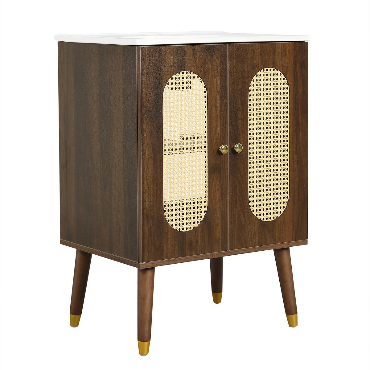 WASCHTISCHUNTERSCHRANK Walnuss mit Rattan-Türen & Keramikbecken - Walnussfarben, Holzwerkstoff (61/89/47cm) - Urban Meuble