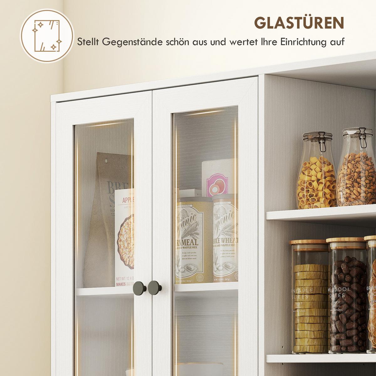 KÜCHENSCHRANK Buffetschrank mit 4 Soft-Close-Glastüren 6 offenen Fächern Weiß - Schwarz/Weiß, Holzwerkstoff/Metall (35/172/90cm) - HOMCOM