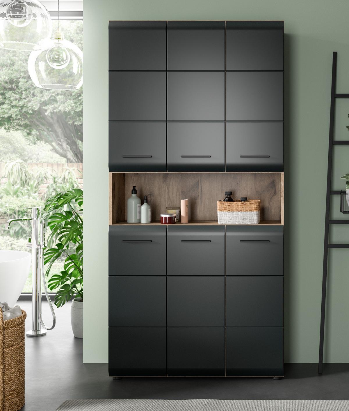 HOCHSCHRANK schwarz matt, Eiche, Badschrank Mehrzweckschrank 6-türig 90 x 185 cm - Eichefarben/Schwarz, Holzwerkstoff/Kunststoff (90/185/30cm) - Inn.Furn