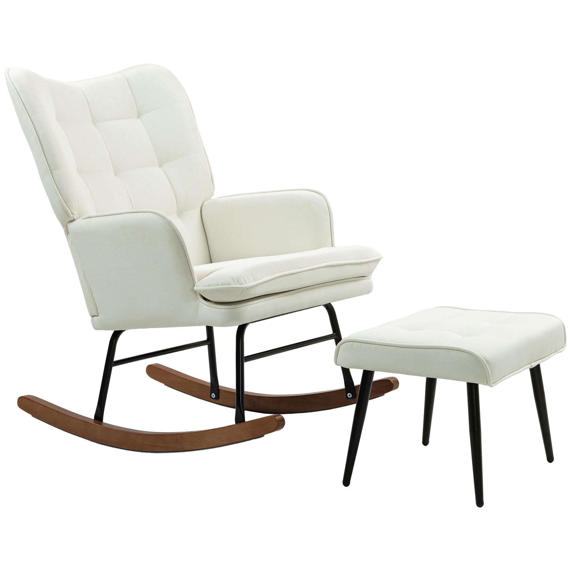 SCHAUKELSTUHL Schwingsessel mit Hocker Armlehnsessel Relaxsessel mit Leinenoptik - Creme/Schwarz, Holz/Buchenholz (89/90/64cm) - HOMCOM
