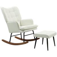 SCHAUKELSTUHL Schwingsessel mit Hocker Armlehnsessel Relaxsessel mit Leinenoptik - Creme/Schwarz, Holz/Buchenholz (89/90/64cm) - HOMCOM