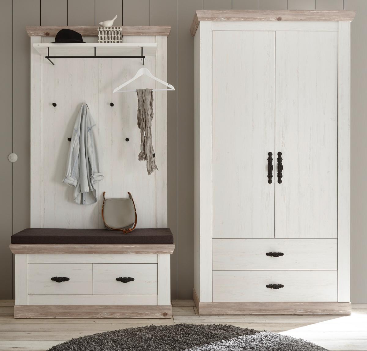 GARDEROBENKOMBINATION Pinie weiß, Oslo Pinie Landhaus, Garderobe Set 3-tlg., 224 x 201 cm - Weiß/Pinienfarben, Holzwerkstoff/Metall (224/201/45cm) - Furn.Design