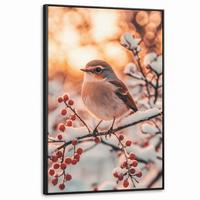 LEINWAND Bilder mit Rahmen - Vogel - Zweig - Winter - Tiere - Schnee - 80x120 - Bernsteinfarben, Textil (80/120cm) - MuchoWow
