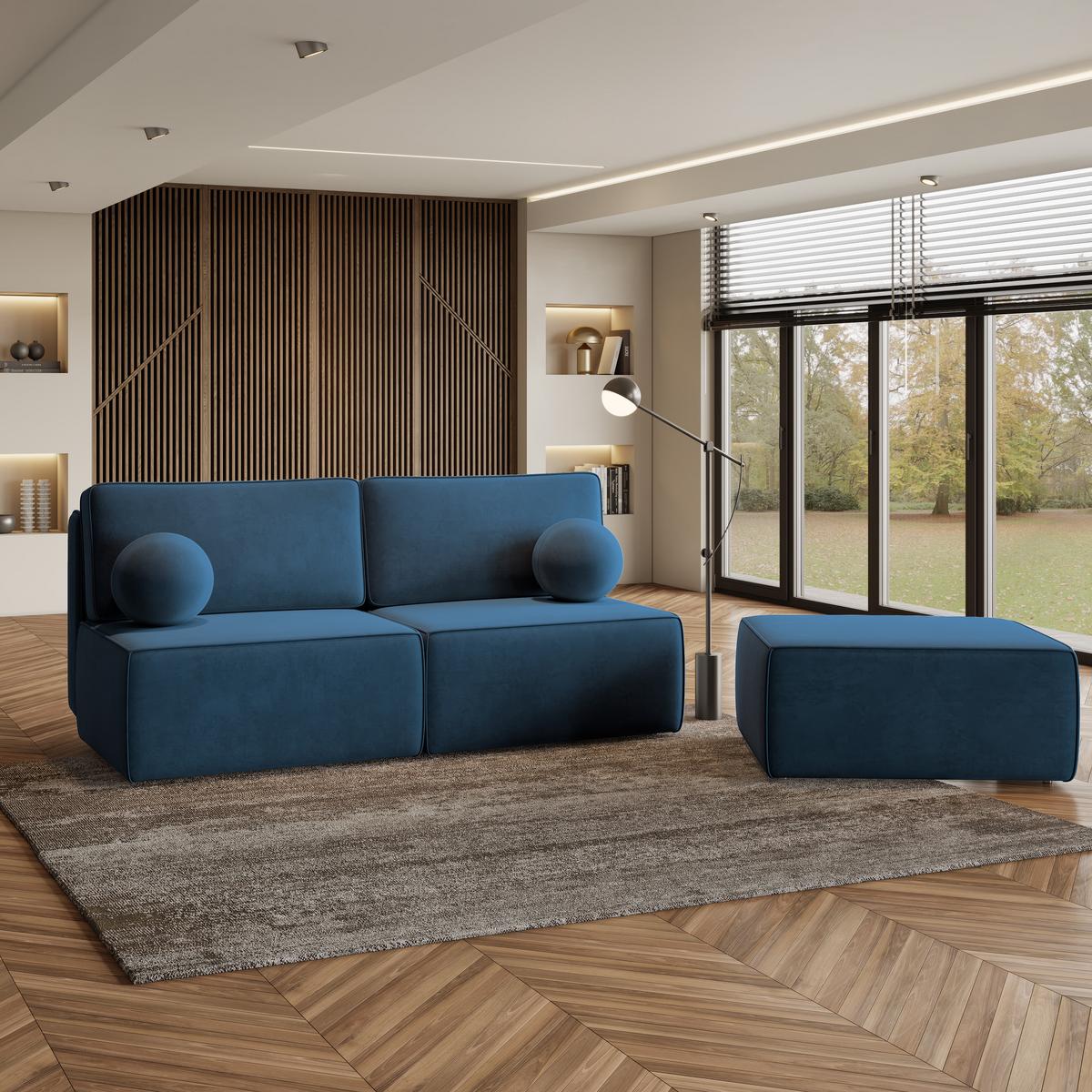 ECKSOFA VARNA M Blau Velours-Stoff mit Schlaffunktion - Blau/Grau, Holz/Kunststoff (196/158cm) - MASSENO