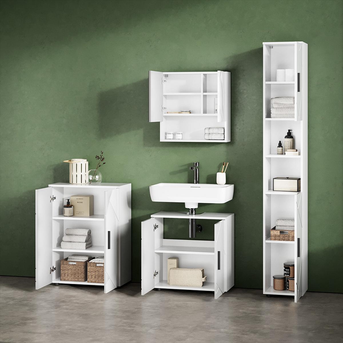 BADMÖBEL-SET Ronco Weiß Hochglanz 4 Teile, mit Hochschrank und Kommode - Weiß Hochglanz, Holzwerkstoff (60/192/30cm) - Livinity®