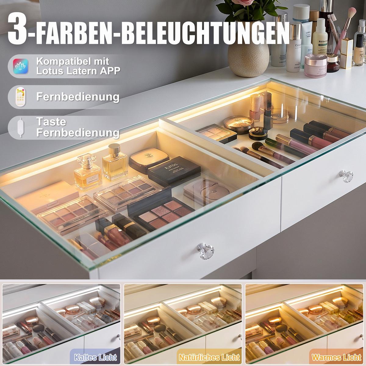 KONSOLENTISCH mit Beleuchtung LED 8 Schubladen Weiβ 120/55/81 CM - Weiß, Glas/Holzwerkstoff (55/120/81cm) - VANITII
