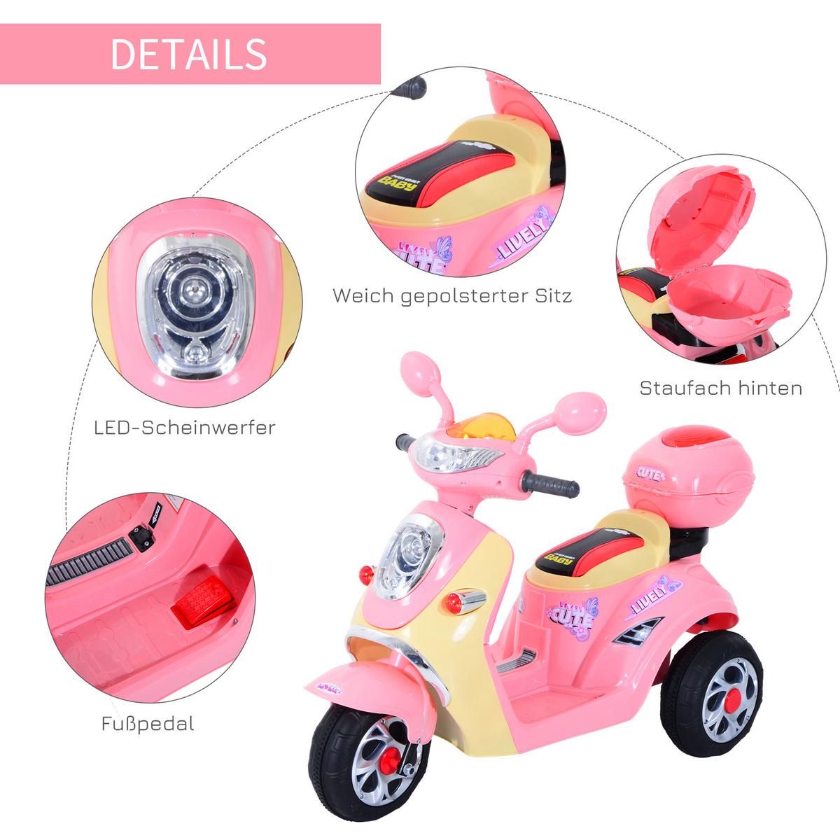 ELEKTRO Kindermotorrad Elektromotorrad Elektroauto Kinderfahrzeug Dreirad 3 km/h - Rosa, Kunststoff (108/51/75cm) - HOMCOM