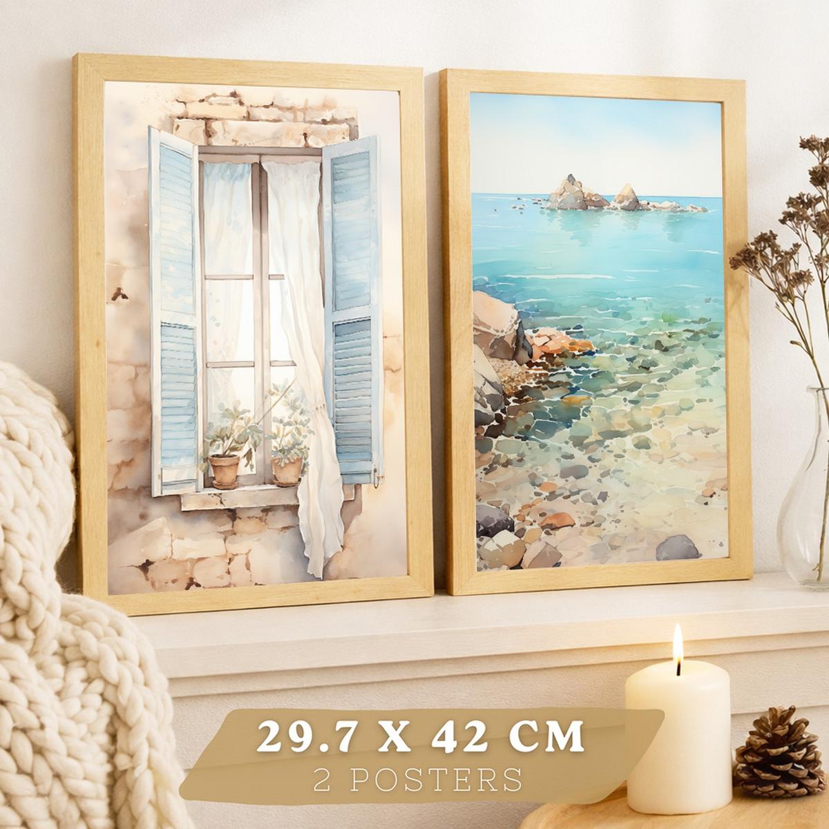 POSTER 3er Bilder-Set Wandbilder Meer Relax modern ohne Rahmen – Wohnzimmer Deko, Schlafzimmer, Küche, Badezimmer Rahmenlos A3 - Klar, Papier (29.7/1/42cm) - Nacnic