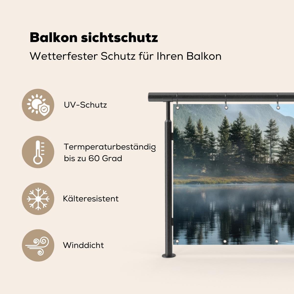 BALKON-SICHTSCHUTZ See - Nebel - Berge - Landschaft Balkon Deko 300x110 cm - Hellblau, Kunststoff (300/110cm) - MuchoWow