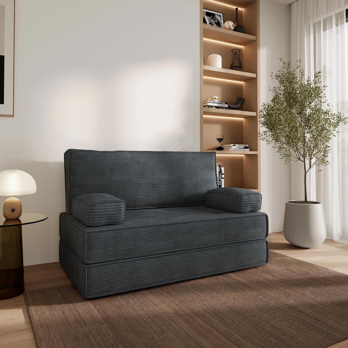 BETTSOFA LADIA aus Schaumstoff Kordstoff Grau Schlaffunktion - Dunkelgrau, Textil (140/86/60cm) - MASSENO