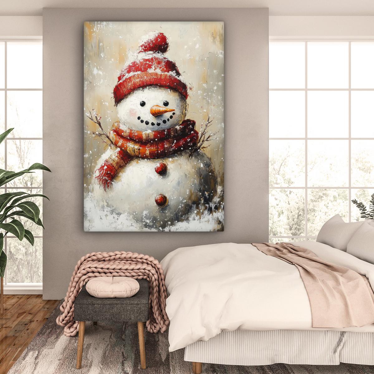 LEINWANDBILD Schneemann - Winter - Schnee - Beige Deko Groß 90x140 cm - Weiß, Textil (90/140cm) - MuchoWow