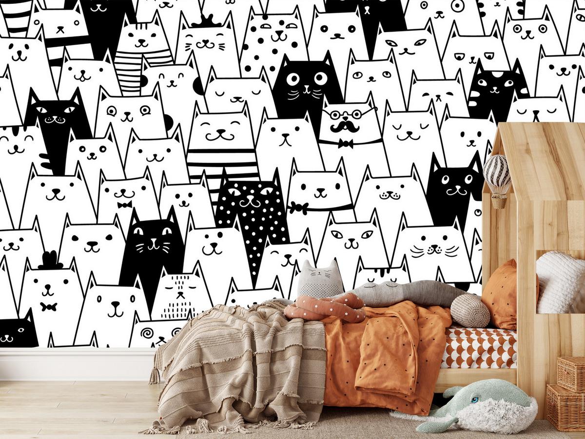 FOTOTAPETE für Kinderzimmer Schwarze Weiße Comic Katzen 100x70 - Schwarz/Weiß, Papier (100/70cm) - Muralo