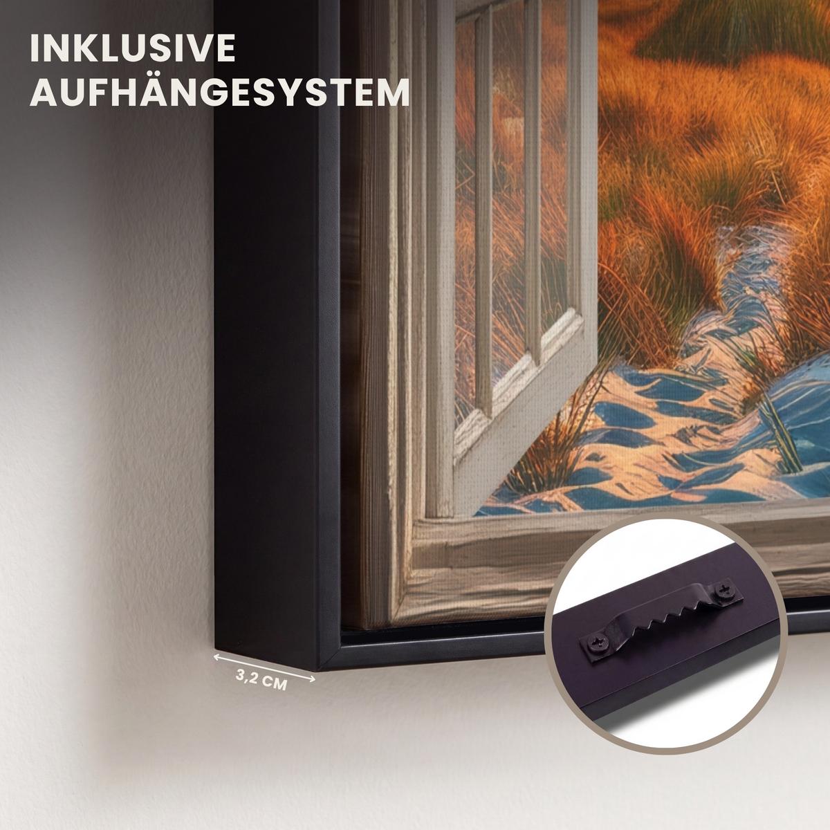 LEINWAND Bilder mit Rahmen - Aussicht - Fenster - Leuchtturm - Sonnenuntergang - Strand - 30x40 - Dunkelorange, Textil (30/40cm) - MuchoWow
