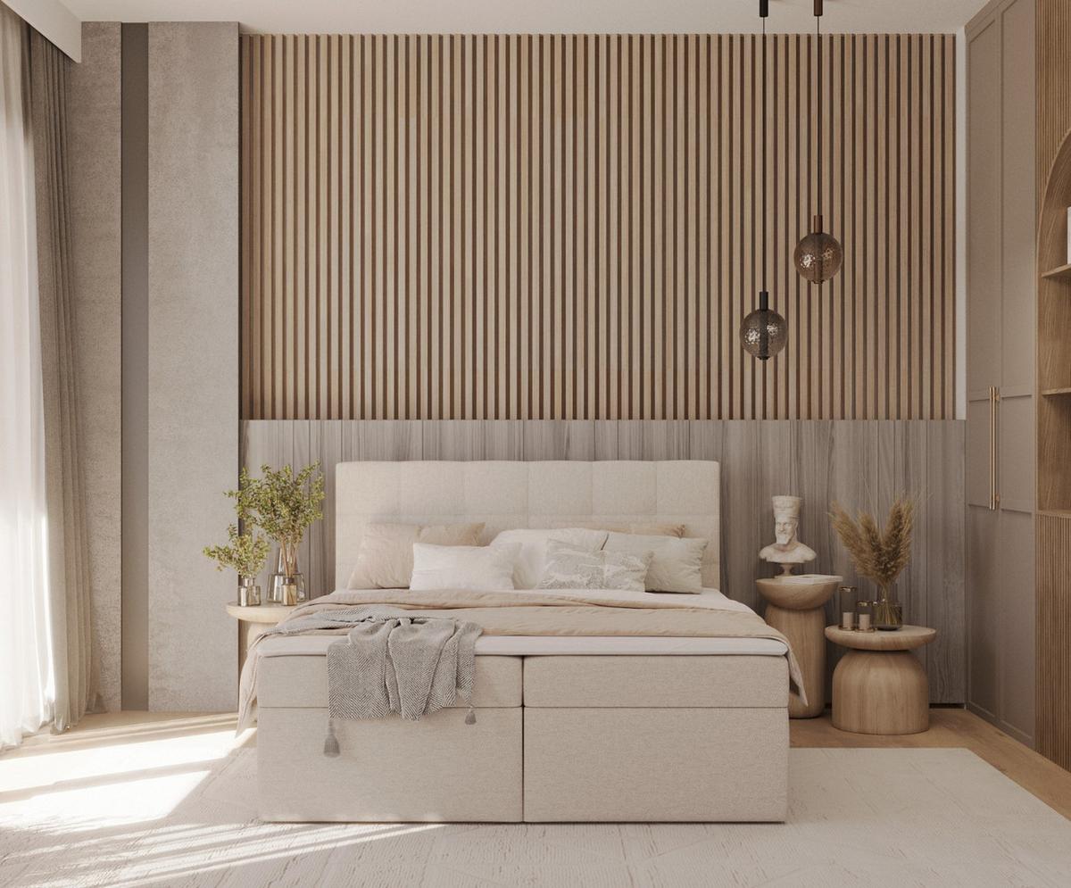 BOXBETT Lean 140/200 cm Hellbeige im Megan Stoff - Sandfarben/Schwarz, Holz/Holzwerkstoff (140/200cm) - AltaBeds