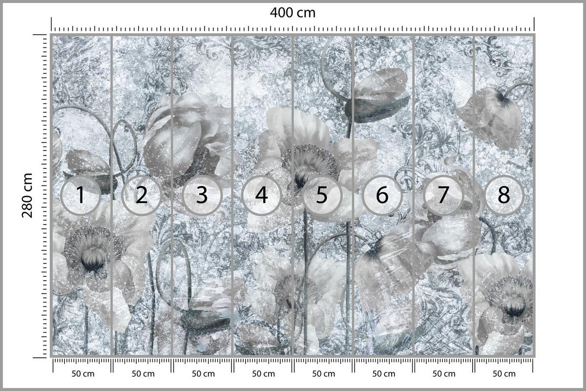 FOTOTAPETE für Wohnzimmer Grau Mohnblumen Beton Blumen Blätter 400x280 - Grau, Papier (400/280cm) - Muralo