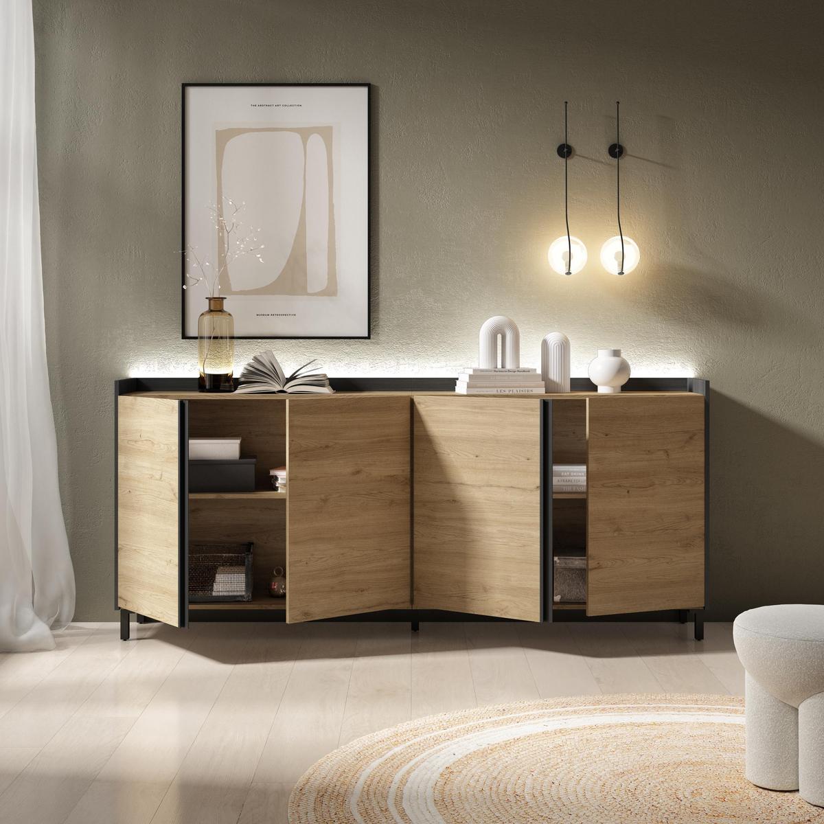 SIDEBOARD, Eiche und Schwarz, 207/35/91cm, mit Beinen - Eichefarben, Holzwerkstoff (207/91/35cm) - Skraut Home