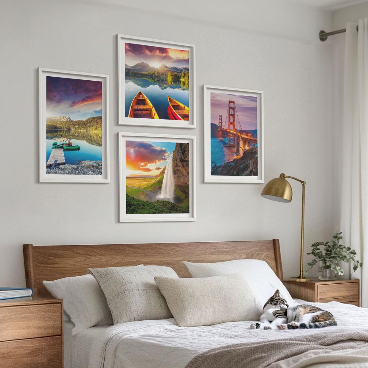 BILDER SET 4er Set - 50x50 cm & 40x60 cm Weißer Rahmen - Bergseen, Boote, Brücken - Weiß, Kunststoff (50/50cm) - TULUP