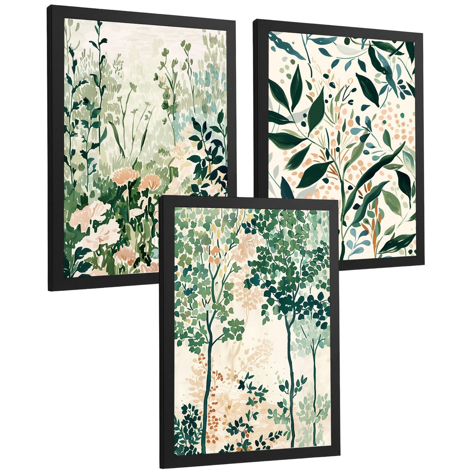 POSTER 3er-Set Wandbilder Floral Landschaft modern Wohnzimmer Deko, Schlafzimmer, Küche, Badezimmer Schwarzer Rahmen A4 - Schwarz, Papier (29.7/1/21cm) - Nacnic