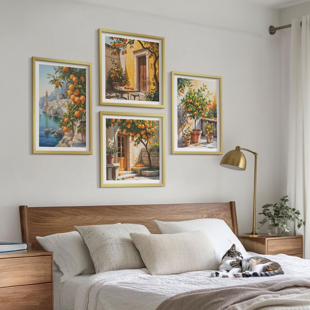 BILDER SET 4er Set - 50x50 cm & 40x60 cm Goldrahmen - Gemalte Zitruslandschaften - Goldfarben, Kunststoff (50/50cm) - TULUP
