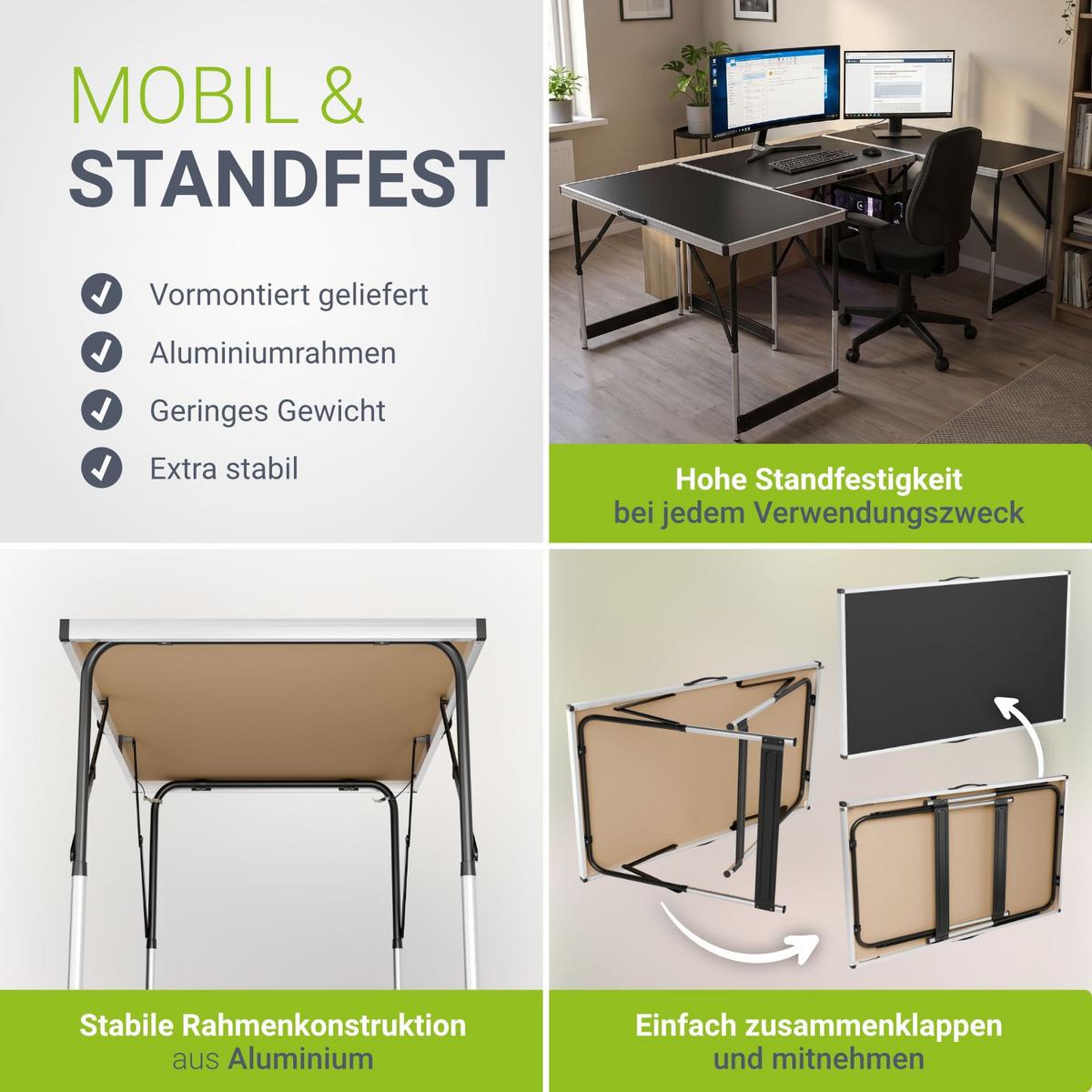 MULTIFUNKTIONSTISCH höhenverstellbar 3er-Set - Schwarz, Holz (100/60/73cm) - Juskys