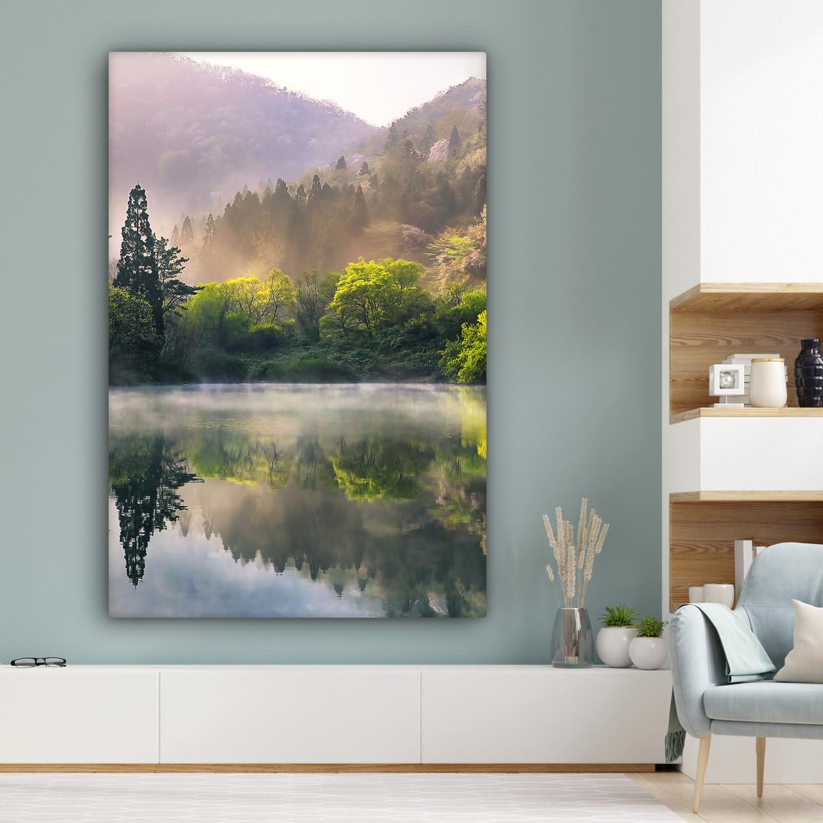 LEINWANDBILD Natur - Bäume - Berge - See - Wasser Deko Groß 90x140 cm - Hellgrün, Textil (90/140cm) - MuchoWow