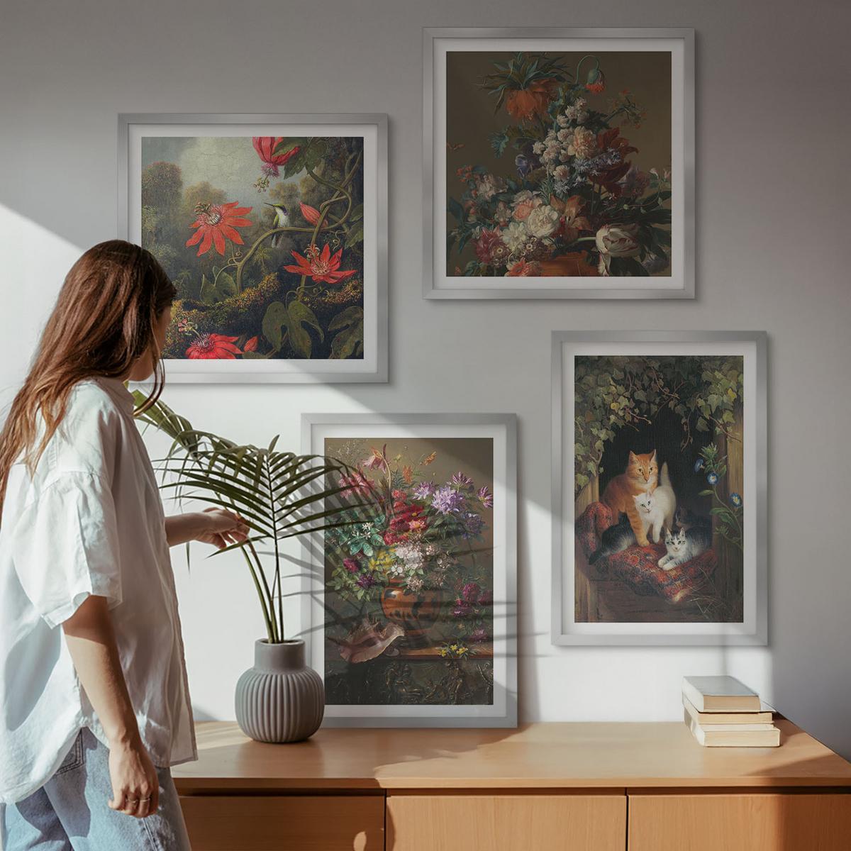 BILDER SET 4er Set - 50x50 cm & 40x60 cm Silberner Rahmen - Vintage-Blumen, Katzen, Pflanzen - Silberfarben, Kunststoff (50/50cm) - TULUP