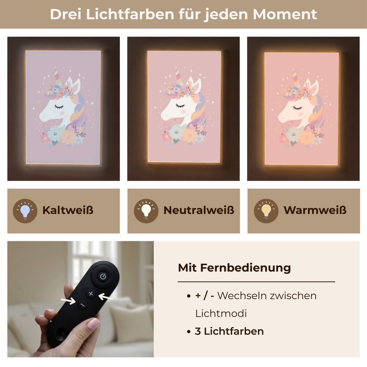 NACHTTISCHLAMPE MIT AKKU Einhorn - Rosa - Blumen 60x90 cm - Rosa, Holzwerkstoff (8/60/90cm) - OnlyWow