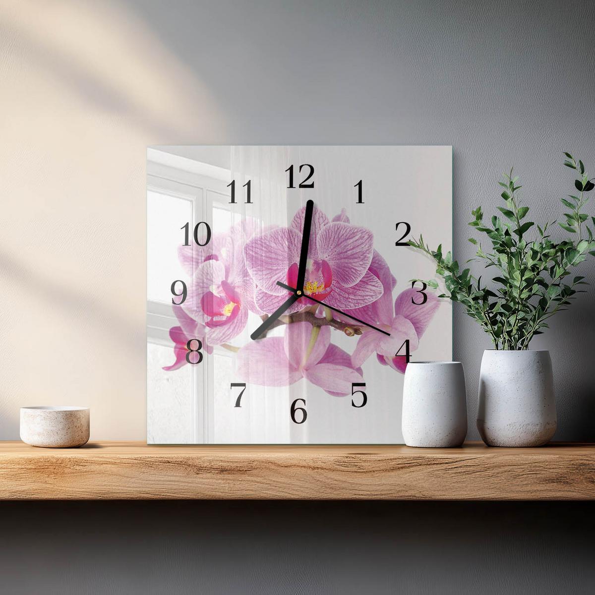 WANDUHR aus Glas 30x30 cm - Orchideen - Pink, Glas (30/30/0.4cm) - TULUP
