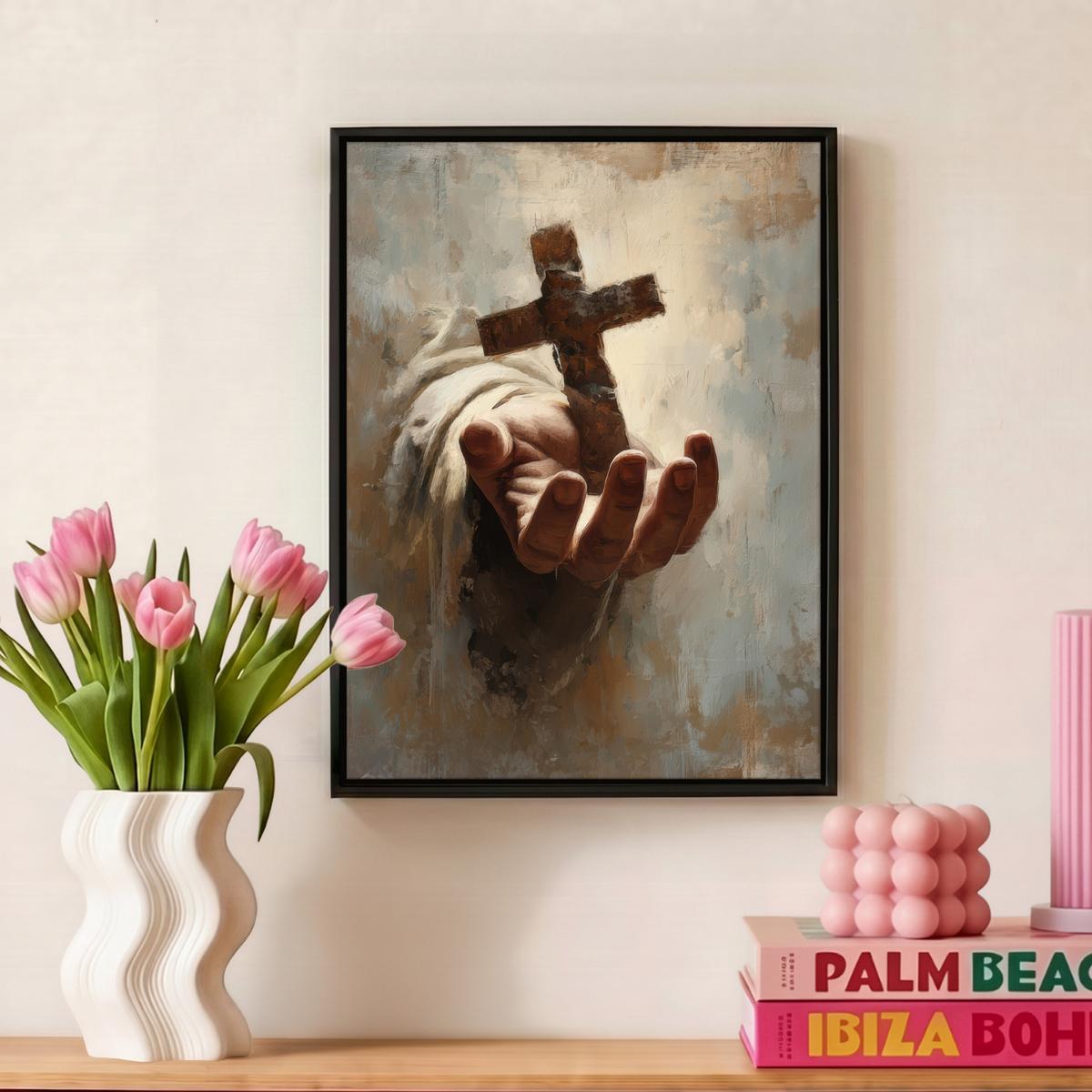 LEINWAND Bilder mit Rahmen - Abstrakt - Kreuz - Hand - Christentum - 30x40 - Hellbraun, Textil (30/40cm) - MuchoWow