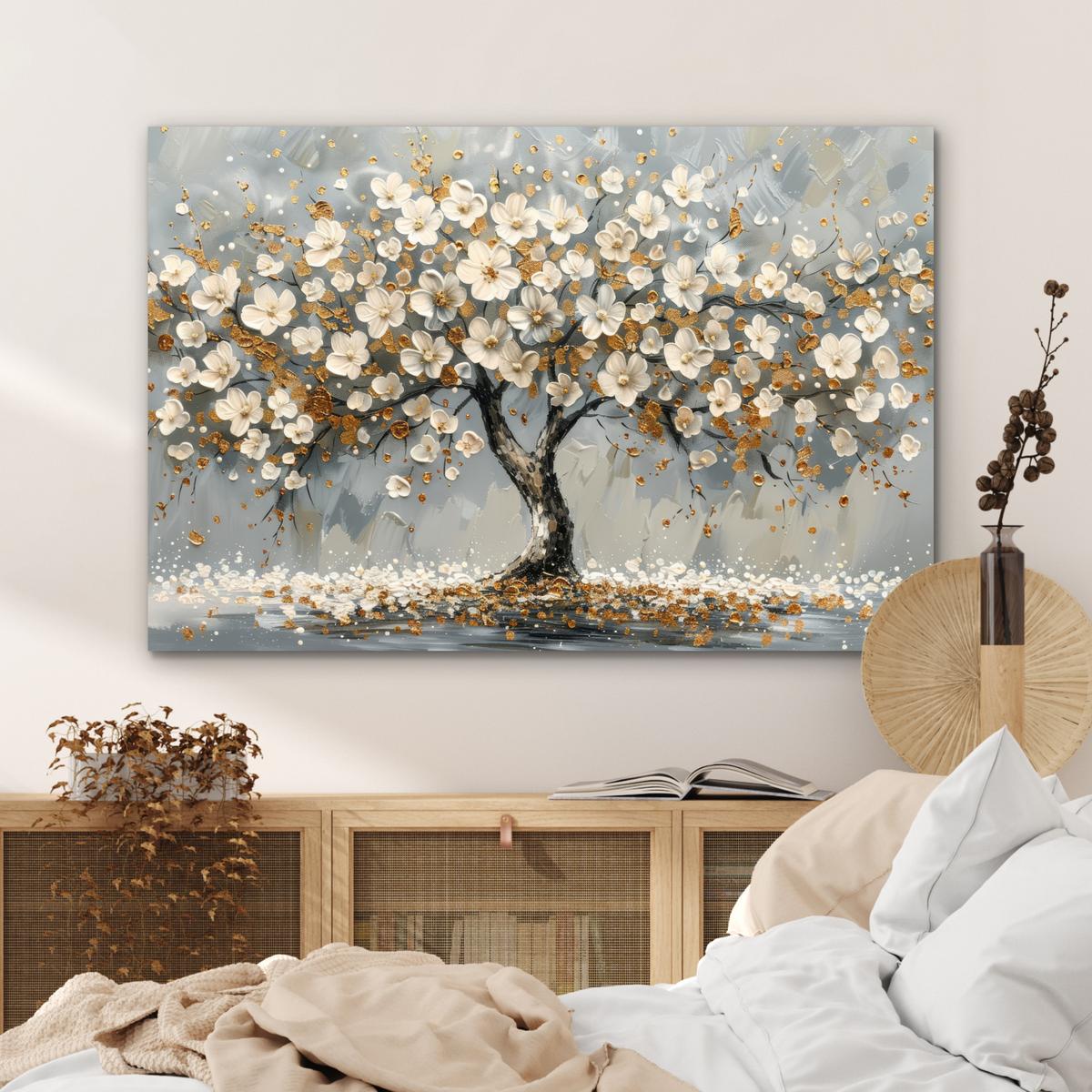 METALLBILD Baum - Blumen - Weiß - Natur - Kunst Deko Groß 120x80 cm - Weiß, Metall (120/80cm) - MuchoWow