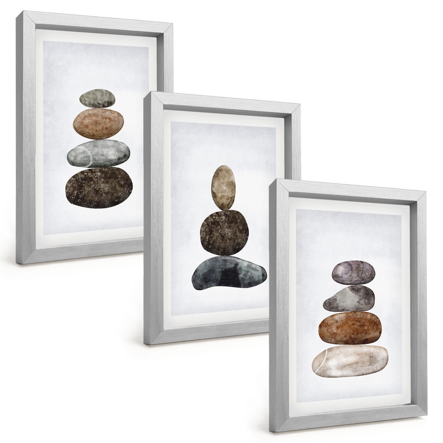 BILDER SET 3er Set - 20x30 cm Silberner Rahmen - Minimalistische Boho-Steine - Silberfarben, Kunststoff (20/30cm) - TULUP