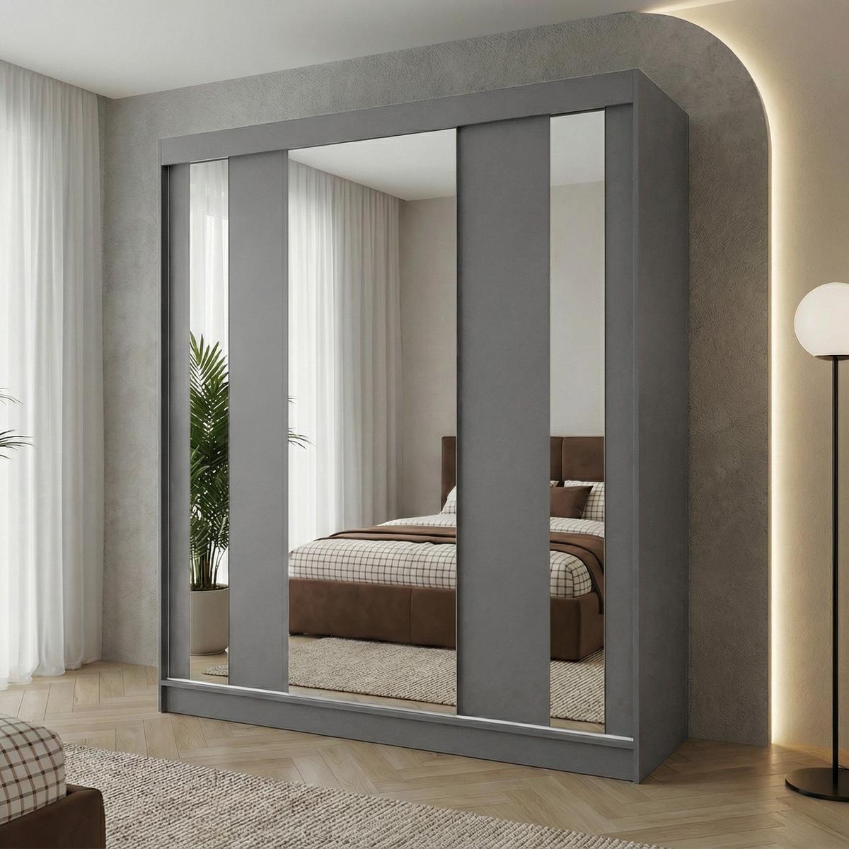 SCHWEBETÜRENSCHRANK Gaja 180/216/61 graphit mit Spiegel - Graphitfarben, Holzwerkstoff (180/216/61cm) - Beautysofa